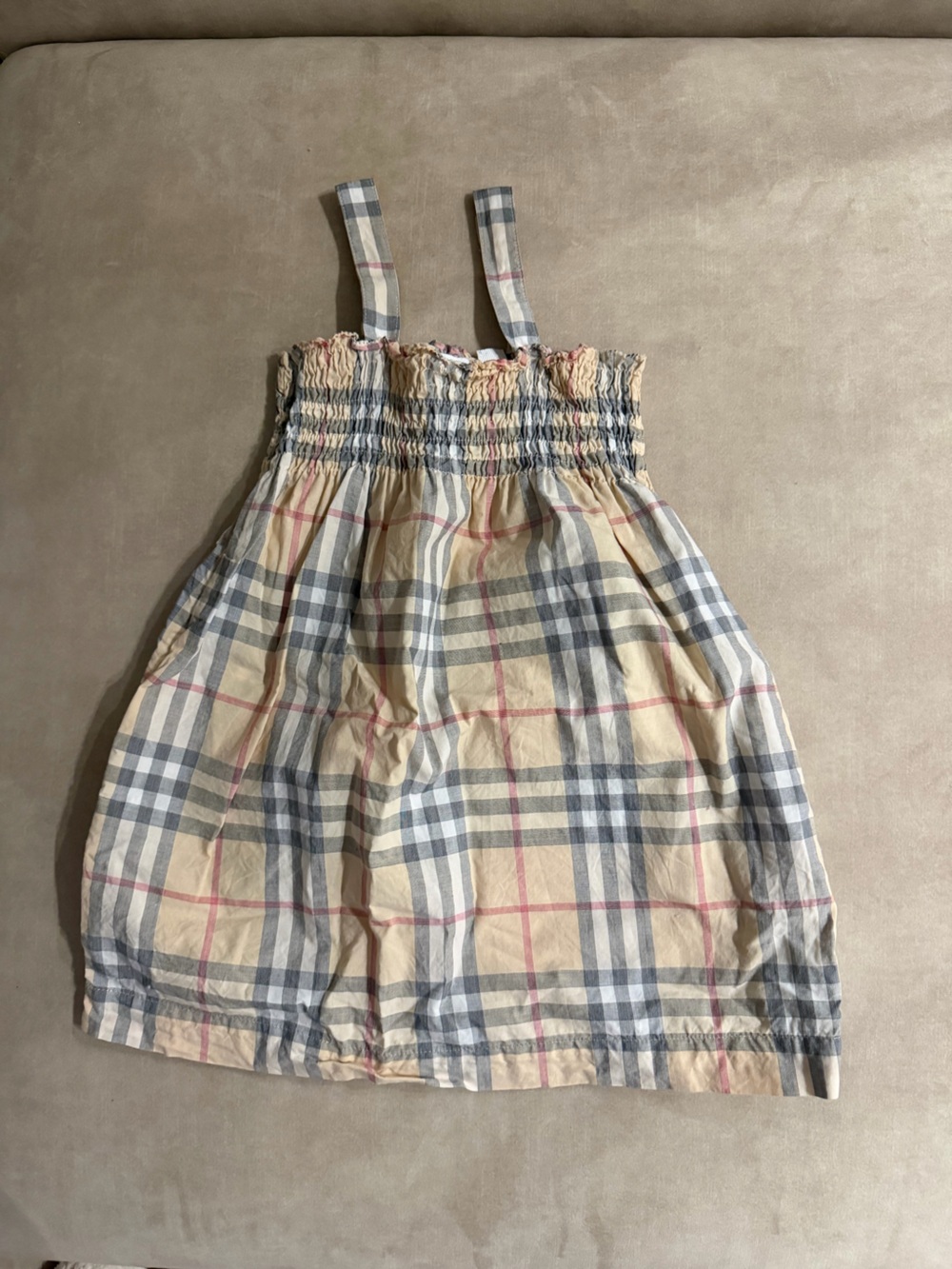 Burberry Plaid Smocked Dress in Beige, Gray & Red